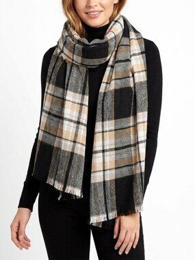 Plaid Soft Long Scarf Black Beige White Fringe Wrap Shawl Oversized 24"x78"